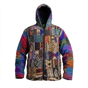 Handmade Patchwork Hooded Jacket – Acrylic Wool – Super Warm